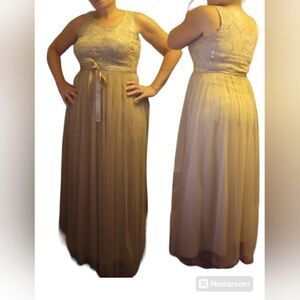 Lace and tulle maxi dress with ribbon belt and sequin accents